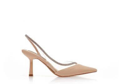 Γόβες mules μπεζ δερματίνη με λουράκι από στρας και διαφάνεια ΜΠΕΖ - Tsoukalas - 