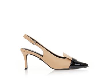 Γόβες mules μπεζ δερματίνη με μαύρο λουστρίνι τελείωμα ΜΑΥΡΟ - Tsoukalas - 