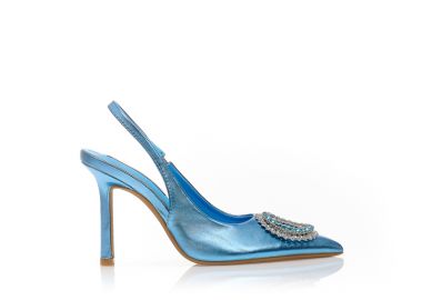 Γόβες mules μπλε μεταλλιζέ δερματίνη με στρογγυλή αγκράφα από στρας μυτερές ΜΠΛΕ - Tsoukalas - 