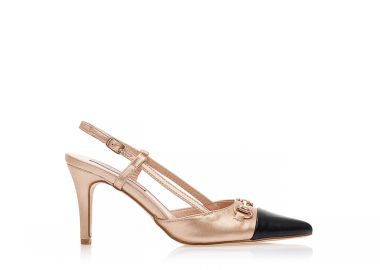 Γόβες mules μπρονζέ δερματίνη με μαύρη λεπτομέρεια και αγκράφα με λουράκι στον αστράγαλο μυτερές ΜΠΡΟΝΖΕ - Tsoukalas - 