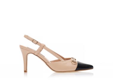 Γόβες mules nude δερματίνη με μαύρη λεπτομέρεια και αγκράφα με λουράκι στον αστράγαλο μυτερές NUDE - Tsoukalas - 