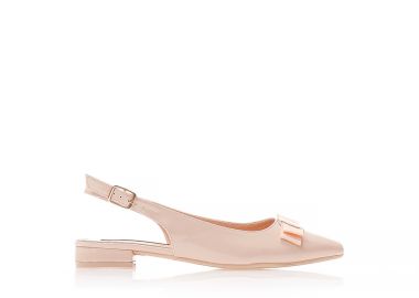 Γόβες mules nude λουστρίνι με διακοσμητικό φιογκάκι και λουράκι στον αστράγαλο μυτερές NUDE - Tsoukalas - 