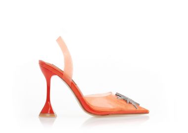 Γόβες mules πορτοκαλί διάφανες με αγκράφα από στρας και ιδιαίτερο τακούνι ΠΟΡΤΟΚΑΛΙ - Tsoukalas - 