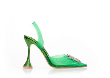 Γόβες mules πράσινες διάφανες με αγκράφα από στρας και ιδιαίτερο τακούνι ΠΡΑΣΙΝΟ - Tsoukalas - 