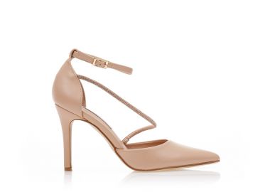 Γόβες nude δερματίνη με λοξό λουράκι απο στρας μυτερές NUDE - Tsoukalas - 