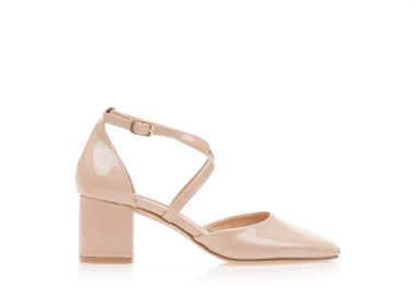 Γόβες nude λουστρίνι με χιαστί λουράκια και τετράγωνο τελείωμα NUDE - Tsoukalas - 