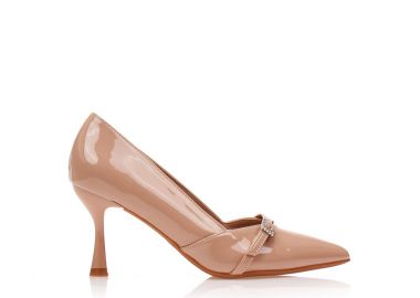 Γόβες nude λουστρίνι με διακοσμητικό λουράκι και στρας NUDE - Tsoukalas - 