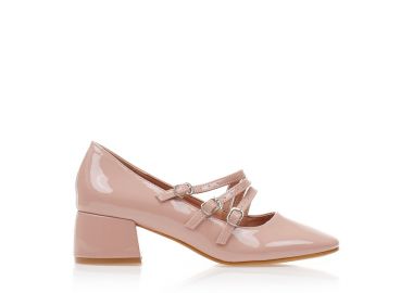 Γόβες nude λουστρίνι με μπαρέτες και τετράγωνο τελείωμα NUDE - Tsoukalas - 