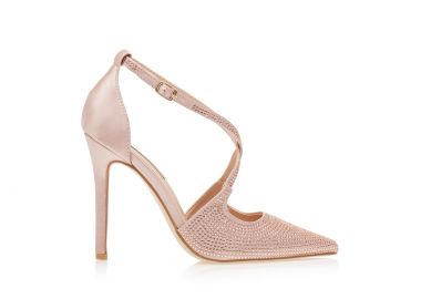 Γόβες nude σατέν με χιαστί λουράκια από στρας NUDE - Tsoukalas - 