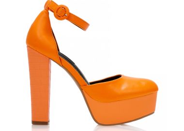 Γόβες πορτοκαλί δερματίνη με animal print λεπτομέρειες και λουράκι στον αστράγαλο ΠΟΡΤΟΚΑΛΙ - Tsoukalas - 