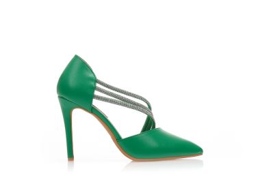 Γόβες πράσινες δερματίνη με λοξά λουράκια από στρας μυτερές ΠΡΑΣΙΝΟ - Tsoukalas - 