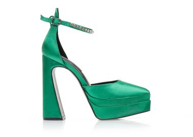 Γόβες πράσινες σατέν δίπατες με λουράκι από στρας στον αστράγαλο μυτερές ΠΡΑΣΙΝΟ - Tsoukalas - 