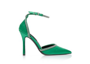 Γόβες πράσινες σατέν με διακοσμητικά λουράκια από στρας μυτερές ΠΡΑΣΙΝΟ - Tsoukalas - 