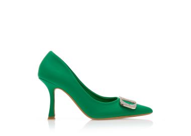 Γόβες πράσινες σατέν με διακοσμητική αγκράφα από στρας μυτερές ΠΡΑΣΙΝΟ - Tsoukalas - 