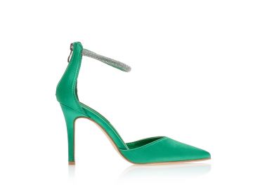 Γόβες πράσινες σατέν με λουράκι από στρας μυτερές ΠΡΑΣΙΝΟ - Tsoukalas - 