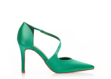 Γόβες πράσινες σατέν με λοξό λουράκι μυτερές ΠΡΑΣΙΝΟ - Tsoukalas - 