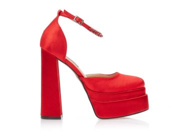 Γόβες σατέν κόκκινες με φιάπα και λουράκι στον αστράγαλο με στρας ΚΟΚΚΙΝΟ - Tsoukalas - 