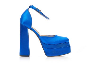 Γόβες σατέν μπλε με φιάπα και λουράκι στον αστράγαλο με στρας ΜΠΛΕ - Tsoukalas - 