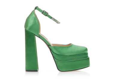 Γόβες σατέν πράσινες με φιάπα και λουράκι στον αστράγαλο με στρας ΠΡΑΣΙΝΟ - Tsoukalas - 