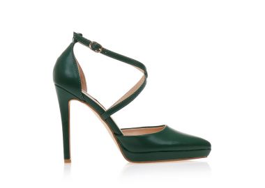 Γόβες σκούρες πράσινες δερματίνη με χιαστί λουράκια και φιάπα μυτερές ΛΑΔΙ - Tsoukalas - 