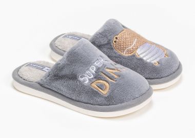 Γούνινες παιδικές παντόφλες με κέντημα - Γκρι - Issue - 