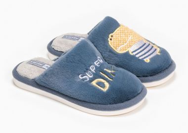 Γούνινες παιδικές παντόφλες με κέντημα - Μπλε - Issue - 