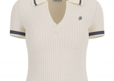 Guess γυναικεία πλεκτή μπλούζα πόλο cropped ribbed με κεντημένο monogram Slim Fit - W6GRZ1Z3P32 Λευκό - GUESS - 