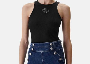 Guess γυναικείο αμάνικο τοπ με logo print ribbed Slim Fit - W6RP39KD092 Μαύρο - GUESS - 