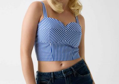 Guess γυναικείο αμάνικο τοπ με ριγέ σχέδιο cropped Slim Fit - W6GH38W1848 Λευκό - Μπλε - GUESS - 