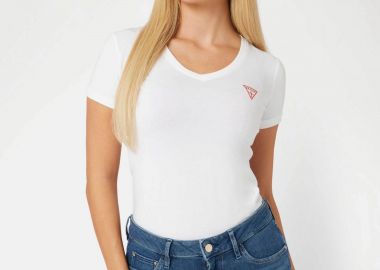 Guess γυναικείο βαμβακερό T-shirt μονόχρωμο με τριγωνικό λογότυπο στο στήθος - W2YI45J1314 Λευκό - GUESS - 
