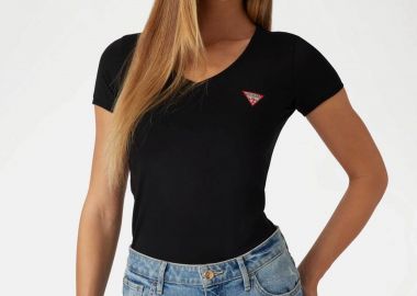 Guess γυναικείο βαμβακερό T-shirt μονόχρωμο με τριγωνικό λογότυπο στο στήθος - W2YI45J1314 Μαύρο - GUESS - 