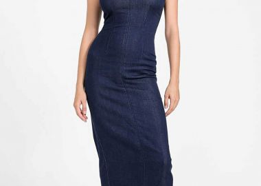 Guess γυναικείo midi αμάνικο denim φόρεμα Slim Fit - W6RK72D6980 Denim Blue Σκούρο - GUESS - 
