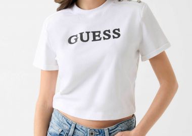 Guess γυναικείο T-shirt και ανάγλυφο λογότυπο με στρας Regular Fit - W6GI06K3018 Λευκό - GUESS - 