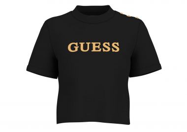 Guess γυναικείο T-shirt και ανάγλυφο λογότυπο με στρας Regular Fit - W6GI06K3018 Μαύρο - GUESS - 