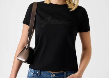 Guess γυναικείο T-shirt και ανάγλυφο λογότυπο με στρας Regular Fit - W6GI08K3023 Μαύρο - GUESS - 