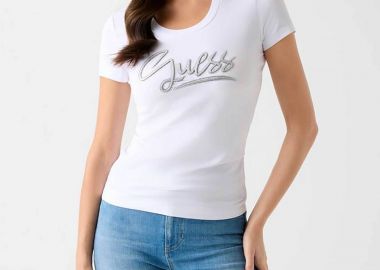 Guess γυναικείο T-shirt και ανάγλυφο λογότυπο με στρας Regular Fit - W6RI24J1314 Λευκό - GUESS - 