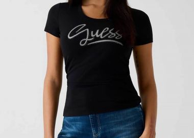 Guess γυναικείο T-shirt και ανάγλυφο λογότυπο με στρας Regular Fit - W6RI24J1314 Μαύρο - GUESS - 