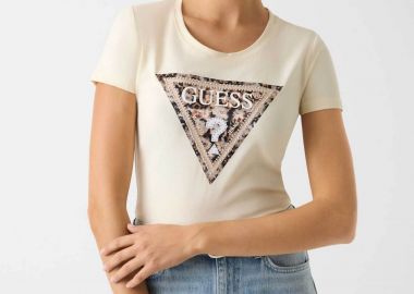 Guess γυναικείο T-shirt και ανάγλυφο λογότυπο με στρας Slim Fit - W6RI32J1314 Μπεζ - GUESS - 
