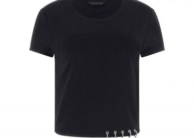 Guess γυναικείο T-shirt και λεπτομέρειες με κόσμημα λογότυπο cropped Regular Fit - W6GP11K2933 Μαύρο - GUESS - 