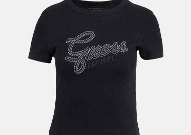 Guess γυναικείο T-shirt με ανάγλυφο logo print και στρας Slim Fit - W6RI22KA0H1 Μαύρο - GUESS - 