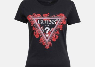 Guess γυναικείο T-shirt με ανάγλυφο λογότυπο και floral print Slim Fit - W6RI23J1314 Μαύρο - GUESS - 