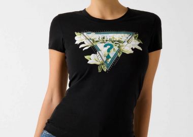 Guess γυναικείο T-shirt με ανάγλυφο λογότυπο με στρας Slim Fit - W6RI35J1314 Μαύρο - GUESS - 
