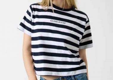 Guess γυναικείο T-shirt ριγέ με λογότυπο Regular Fit - W6RI19K8HM0 Μπλε Σκούρο - GUESS - 