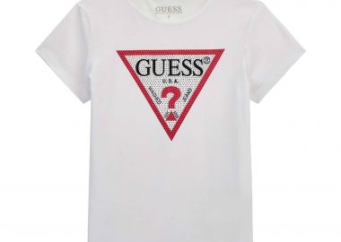 Guess παιδικό T-shirt με graphic logo print στο στήθος και διακοσμητικά στρας (8-10 ετών) - J2YI51K6YW1 Λευκό - GUESS - 