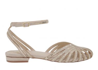 Γυναικεία Πέδιλα Flat EXE Lola-307 Μπεζ Καστόρι Πλατίνα Στράς W4700703143H - Exe - 