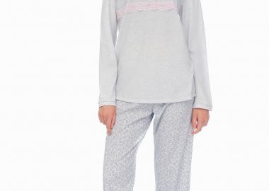Γυναικεία Πυτζάμα Χειμερινή Minerva Γκρι με κουμπάκια στο στήθος και δαντέλα Γκρι - Minerva - 