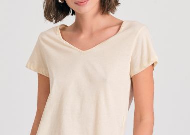 Γυναικείο βαμβακερό t-shirt με άνοιγμα V - FUNKY BUDDHA - 