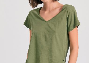 Γυναικείο βαμβακερό t-shirt με άνοιγμα V - FUNKY BUDDHA - 