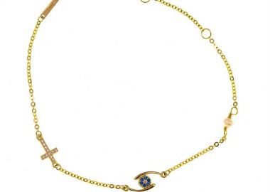 Γυναικείο βραχιόλι από χρυσό 14 καρατίων με μάτι σταυρό και μαργαριτάρι και πέτρες ζιργκόν -  - 