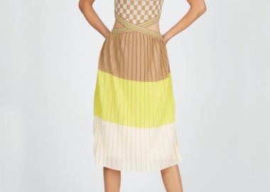 Γυναικείο φόρεμα λεπτής πλέξης με συνδυασμό σχημάτων - SOU - 